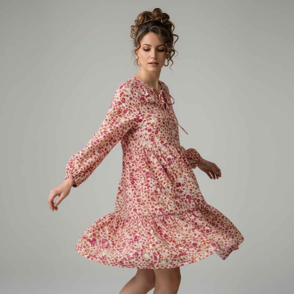 J.Crew Womens Pink Floral Tie Neck Tiered Mini Dress BK516 Size L Long Sleeve